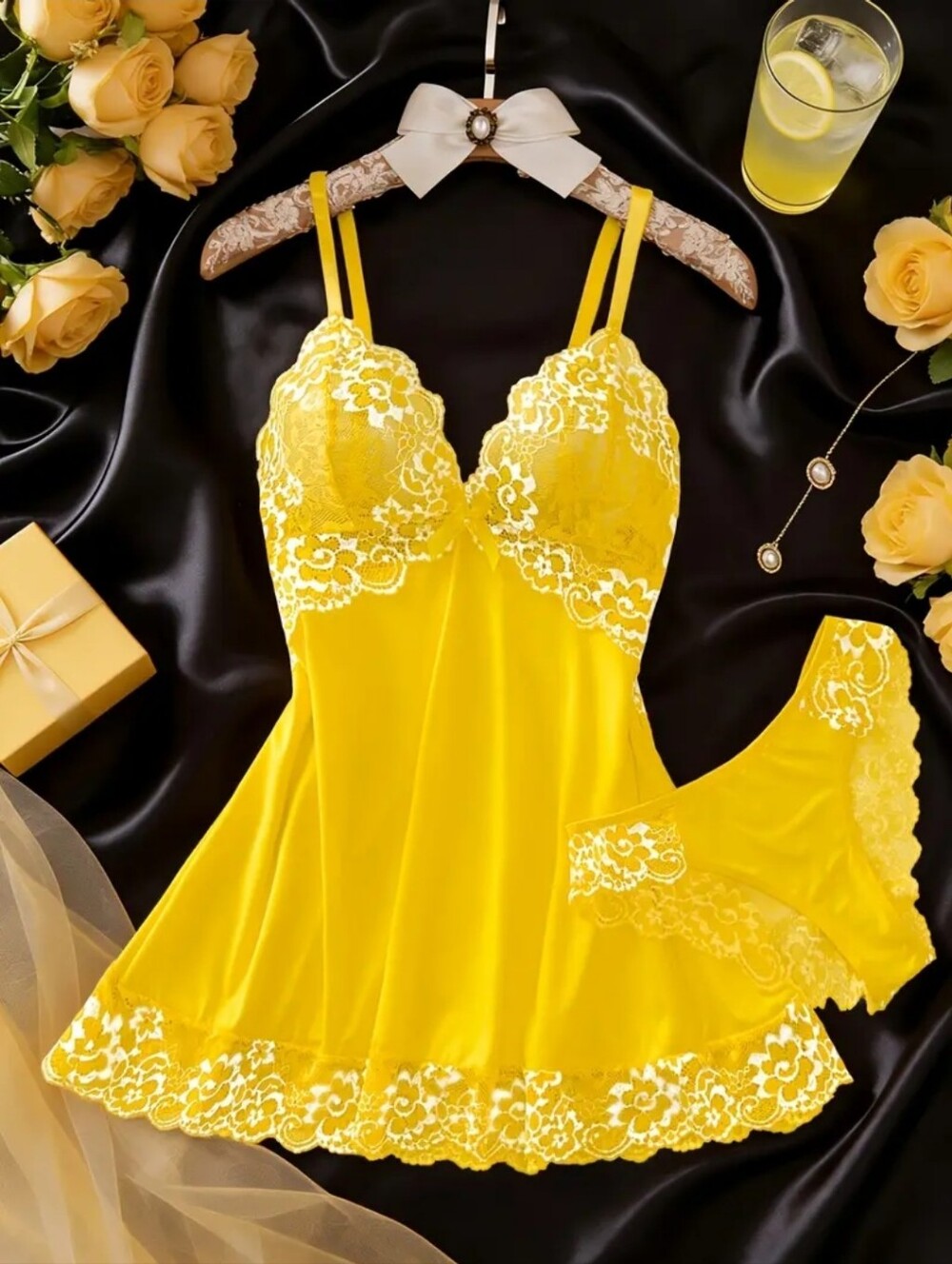 Women Beautiful Yellow 2pc Lingerie Set With (Loves You) Eau De Parfum
